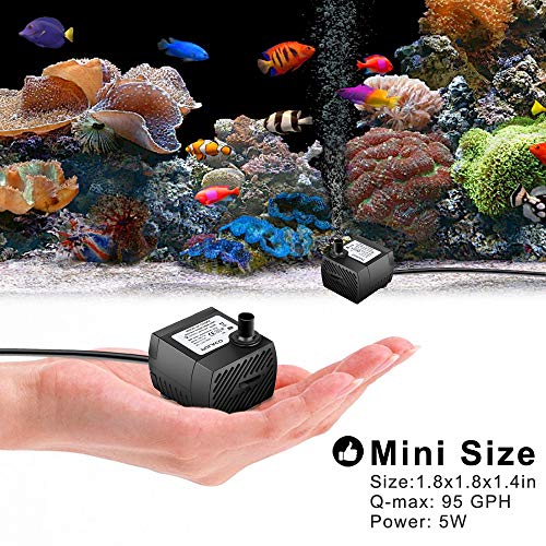 2Pcs Mini Submersible Water Pump (95GPH 5W) for Aquarium Fish Tank, Pond, Fountain, Hydroponics