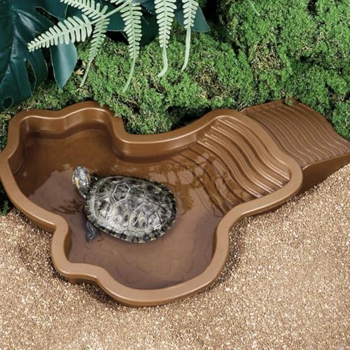 Reptile Water Pool Aquarium Ornament | Turtle Soaking Tub with Ladder Turtle Pool Scenery for Gecko, Turtle, Bearded Dragon, Aquatic Climbing Pet, Amphibians - color: Red Brown