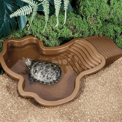 Reptile Water Pool Aquarium Ornament | Turtle Soaking Tub with Ladder Turtle Pool Scenery for Gecko, Turtle, Bearded Dragon, Aquatic Climbing Pet, Amphibians - color: Red Brown