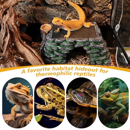 3 in 1 Large Bearded Dragon Basking Platform 13.4x7.1x5.3 in Scape Step Ledge Cave Hideout Natural Rock Reptile Food Bowl Reptile Tank Accessories for Lizard, Geckos, Ball Pythons, Tortoise