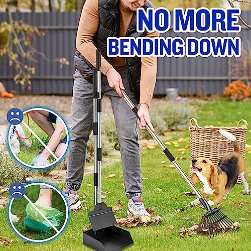 Dog Pooper Scooper, Tray Rake and Spade 3 Pack Poop Scoop Adjustable Long Handle Metal with Bin for Pet Waste Removal, No Bending Clean Up for Large and Small Dogs - size: tray, rake & spade