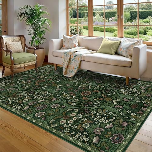 Floral Area Rug 5x8 Botanical Washable Carpet for Living Room | Low-Pile, Non-Slip, Stain Resistant, Washable Green Boho Rug, Soft, Non-Shedding, for Bedroom, Dining Room, Office, Nursery - color: Dark Green, size: 5' x 8' (Rectangular)