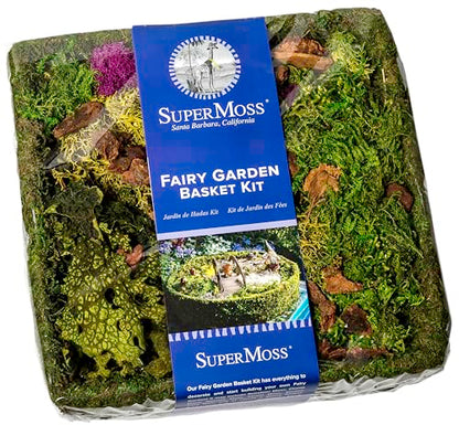 SuperMoss (50362) Fairy Garden Kit | Miniature Moss Basket with Fairy Garden Accessories, and Liner | DIY Craft Kit for Kids, Indoor & Outdoor Garden Decor, Miniatures, and Home Decoration, 10” Basket