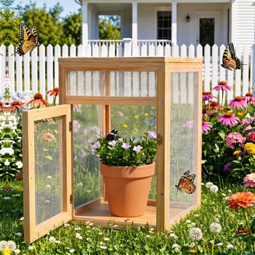 Wooden Butterfly Habitat Cage Kit Monarch Caterpillar Enclosure with Mesh Tent & Wood Frame, Detachable Insect Observation House for Kids Outdoor Garden(15.7") - size: 15.7"