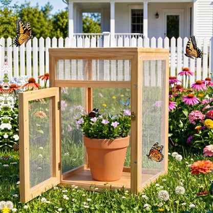 Wooden Butterfly Habitat Cage Kit Monarch Caterpillar Enclosure with Mesh Tent & Wood Frame, Detachable Insect Observation House for Kids Outdoor Garden(15.7") - size: 15.7"
