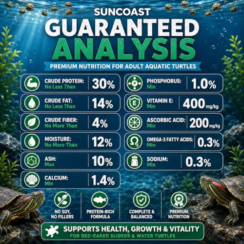 Suncoast Aquatic Turtle Food for Adult Turtles - Floating Pellets with 30% Protein, Calcium, Vitamin E, Omega-3 & Vitamin C, Complete Diet for Red Eared Sliders & Water Turtles - 1.5 lbs - size: 1.5 Pound (Pack of 1)
