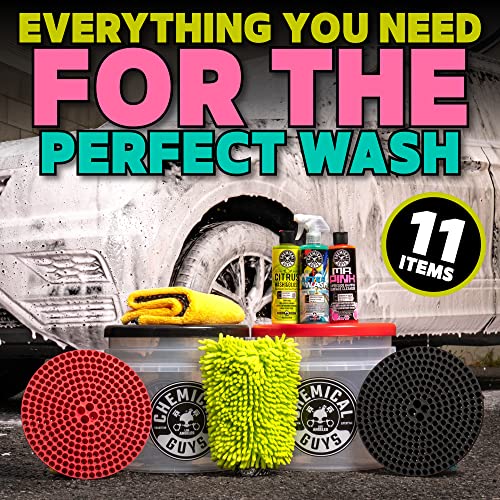 Chemical Guys Two Car Wash Bucket Kit with Dual Dirt Trap Filters, Chenille Wash Mitt, Mr. Pink, Citrus Wash, After Wash, and Drying Towel - 11 Items - Two Bucket Method Complete Setup | Two buckets with dirt traps, chenille mitt, Mr. Pink, Citrus Wash, A