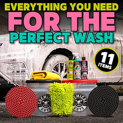 Chemical Guys Two Car Wash Bucket Kit with Dual Dirt Trap Filters, Chenille Wash Mitt, Mr. Pink, Citrus Wash, After Wash, and Drying Towel - 11 Items - Two Bucket Method Complete Setup | Two buckets with dirt traps, chenille mitt, Mr. Pink, Citrus Wash, A