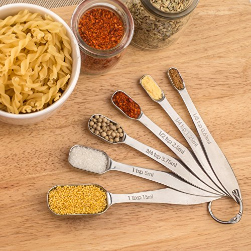 6-Piece 18/8 Stainless Steel Measuring Spoons Set, Silver | Six Engraved US and Metric Sizes From 1/8 TSP to 1 Tbsp Fit Narrow Spice Jars and Stay Together On an O-shaped Ring - color: Silver, size: 6 Piece