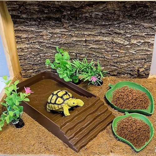 7 PCS Reptile Water Dish Bathing Pool Tortoise Habitat Accessories | plastic,water proof,multi-function,with climbing ramp food dishes reptile plants tweezer,for turtle gecko snake frog - color: Brown