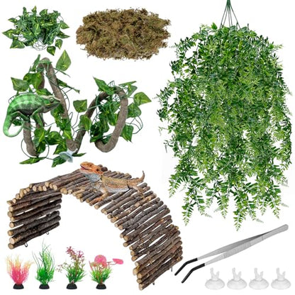 Hysagtek Bearded Dragon Tank Accessories - Reptile Hideout Bridge Climbing Plants Crested Gecko Tank Accessories Terrarium Decoration for Lizard Frog Snake Leopard Gecko Crab Hermit Crab Chameleon
