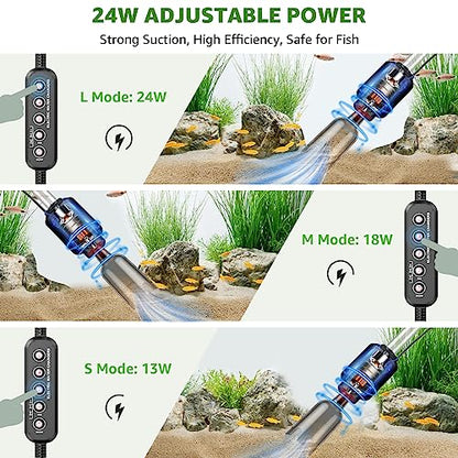 24W Aquarium Vacuum Gravel Cleaner: 8 in 1 Electric Fish Tank Cleaner | Multifunctional Cleaning Tools, Water Change, Sand Washing, Water Filtration, Glass Cleaning, Adjustable Length, Timed Off