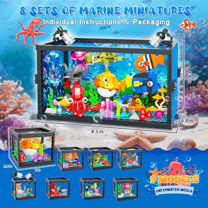 8 in 1 Aquarium Building Sets with Light, Compatible with Lego Fish Tank Building Kits Including Sharks, Turtles, Octopus, Sea Animal Party Favor Toys for Boys Girls Kids Aged 8-12, 640PCS