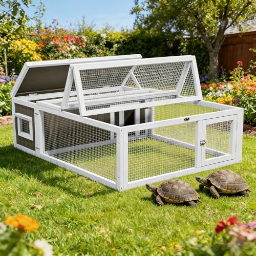 Large Tortoise Hidden Habitat Enclosure Wooden Turtle House Indoor Outdoor with Asphalt Roof & Ventilating Wire Fence for Small Animals Outside Garden Backyard (White1) - color: White1
