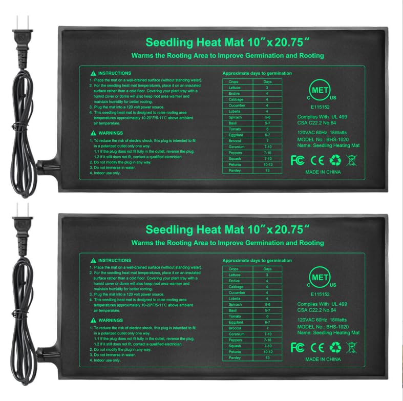 Bestio Seeding Heat Mat 10"x 20.75", 2 Pack Waterproof Durable Heat Mat for Seed Starting, UL and MET Certified Plant Heating Pad for Seed Germination,Hydroponics, Greenhouses - size: 10" x 20.75"- 2 Pack