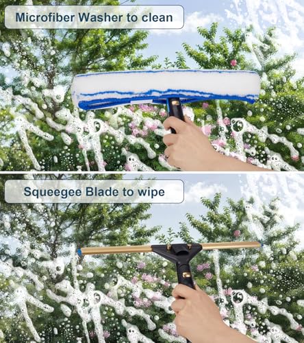 Window Cleaning Kit, Swivel Squeegee & Scrubber with Extension Poles, Foldable Bucket, Blendable Duster, 2 Scrubber Pads & Cleaning Cloth, Glass Scraper Cleaning Tool Kit for Window Glass Mirror Car - color: Silver-13pcs