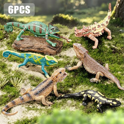 6PCS Large Lizard Figurines Rainforest Animal Toys, Realistic Plastic Reptile Animal Figurines, Includes Bearded Dragon,Fire Salamander,Chameleons,Coast Horned Lizard Toys, STEM Toy for Kids - style: 6PCS Lizards-2