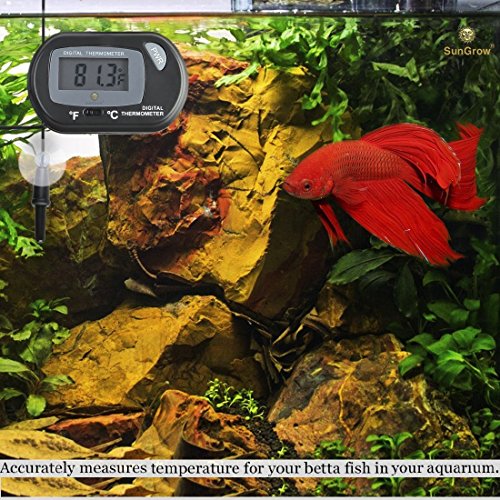 SunGrow Digital Betta Thermometer for Tropical Aquarium Fish, Black Color, Suction Cups and 1 Battery Included, 1 pc per Pack - style: 1 Pack