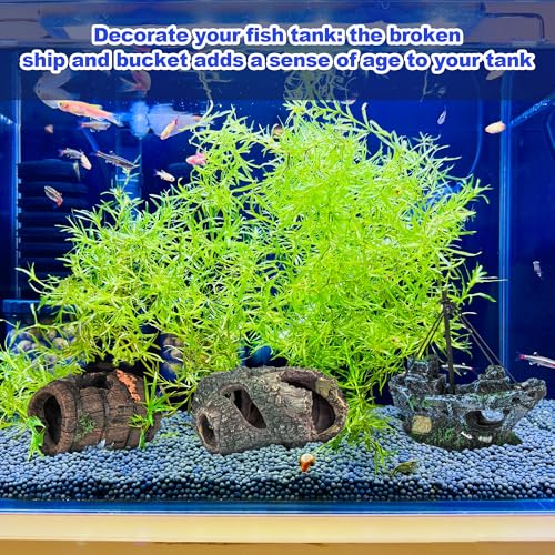 AmaQueen 3 Pcs Fish Tank Decorations, Aquarium Decor Ornaments, Betta Fish Axolotl House Hideout Cave Stuff Accessories, Set of 3 Resin Hollow Tree Trunk, Starfish Barrel, Shipwreck Ship (3)