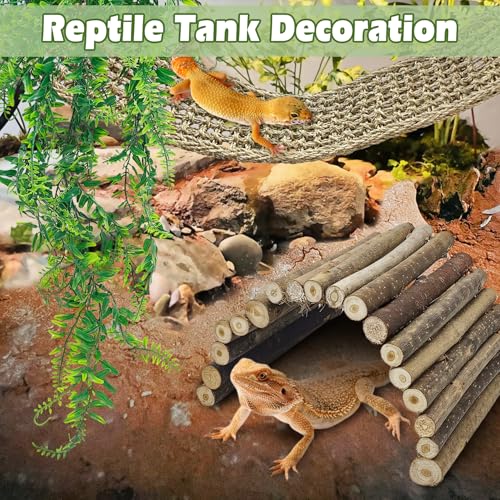 kathson Bearded Dragon Tank Accessories, Large Reptile Hide Wooden Bridge Seagrass Hammock Jungle Climber Vines Leaves and Plant Reptile Habitat Decor for Chameleon Lizards Gecko Snakes Climbing