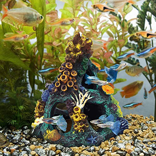 Uniclife Aquarium Decorations Resin Coral Rock Mountain Cave Fish Tank Decor Ornaments Fish House for Betta Rest Hide Play Breed - style: Green Coral Tower