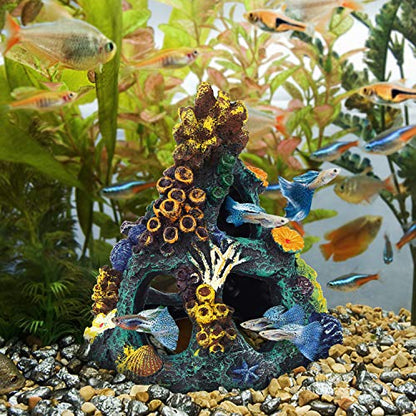 Uniclife Aquarium Decorations Resin Coral Rock Mountain Cave Fish Tank Decor Ornaments Fish House for Betta Rest Hide Play Breed - style: Green Coral Tower