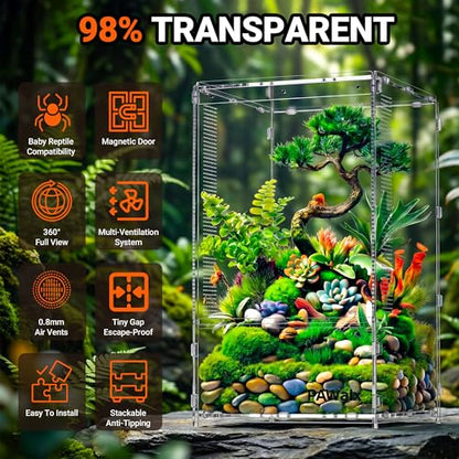 Jumping Spider Enclosure, Acrylic Terrarium with with Magnetic Doors, 0.8mm Micro-Ventilation, Stackable Escape-Proof Habitat for Jumping Spiders, Tarantulas & Small Reptiles, 7.9"x7.9"x13.4" - size: 1Pack, 7.9"x7.9"x13.4"