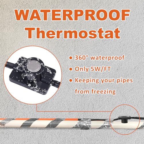 Cupohus Heat Tape for Water Pipes with Thermostat 3FT, Freeze Protection Self-Regulating Heat Trace Cable for Metal, Plastic Home Pipes, Roof and RV, 110-120V