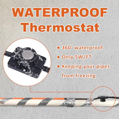 Cupohus Heat Tape for Water Pipes with Thermostat 3FT, Freeze Protection Self-Regulating Heat Trace Cable for Metal, Plastic Home Pipes, Roof and RV, 110-120V