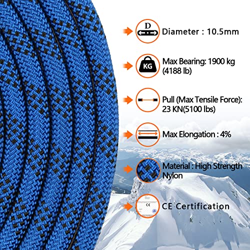 AOLEBA 10.5 mm Static Climbing Rope 10M(32ft) 20M(64ft) 30M(96ft) 50M(160ft) 70M(230ft) Outdoor Rock Climbing Rope, Escape Rope Ice Climbing Equipment Fire Rescue Parachute Rope - color: Blue, size: 32ft