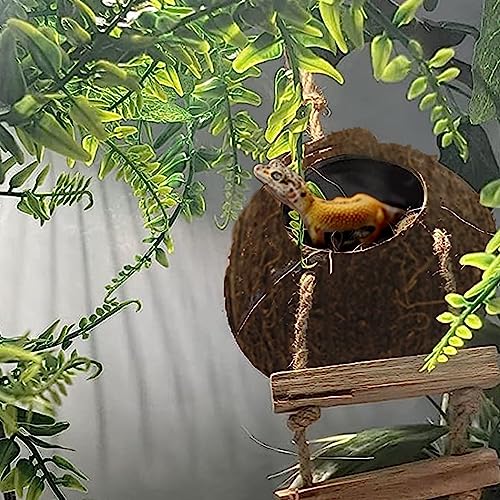 6PCS Crested Gecko Coconut Hut, Lizard Coco Den with Ladder and Reptile Hammock Bearded Dragon Tank Accessories Climbing Hanging Plants Jungle Vine Flexible Reptile Leaves Decor - style: 【Style B】