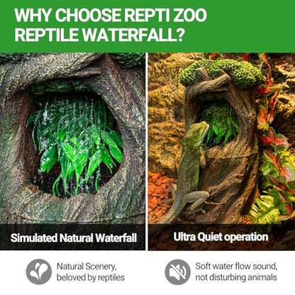 REPTI ZOO Reptile Waterfall Drinking Fountain with Food Dish, 1000ML Large Reptile Terrarium Water Dispenser for Bearded Dragon Chameleon Gecko Lizard Tree Frog