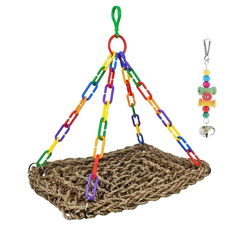 Reptile Hammock Lizard 、Parrot Basking Platform, Size S | Aquarium Grass Woven, Rainbow Chain Hammock, Bird Perch Swing Toy, Climbing Ladder for Bearded Dragon Gecko Chameleon - size: S