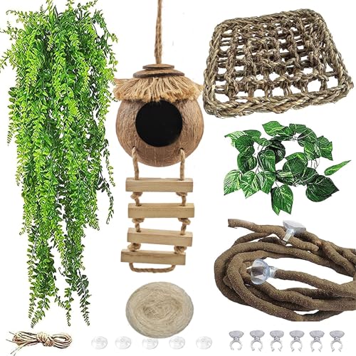 Gecko Tank Accessories,Grested Gecko Coconut Hideout Hut with Ladder Reptile Hanging Plants Climbing Bearded Dragon Hammock Flexible Jungle Vine Leaves Terrarium Decor - style: 【Style C】