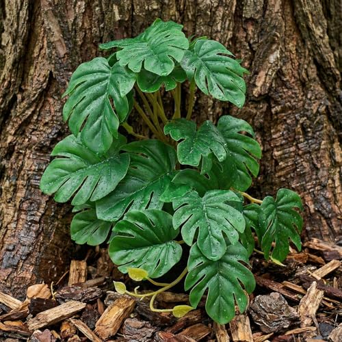 3 Pack Reptile Fake Plants for Terrarium Snake Habitat Decor Plant | Artificial Hanging Plants with Suction Cups Monstera, Terrarium Habitat Decor for Bearded Dragons Lizards Snake Geckos Frogs