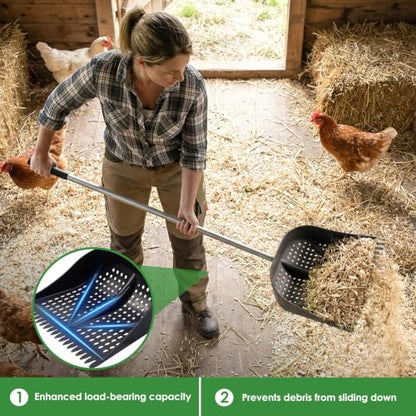 Thiswing Chicken Poop Scooper & Rake 2-in-1, Black | Adjustable Handle Length, Features Manure Sifting Capability, Ideal for Chicken Coops and Farm Animal Cleaning - color: Black