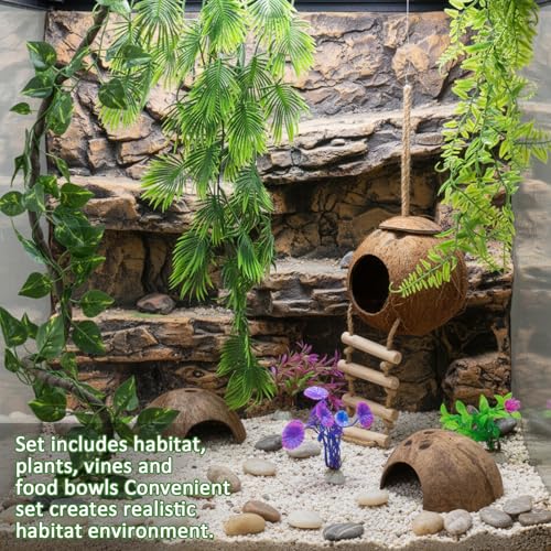 Foilswirl 14 Pcs Gecko Tank Accessories Coconut Hut with Ladder Lizard Coco Hut Reptile Hammock Climbing Hanging Plants Climber Jungle Vines for Bearded Dragon Lizard Chameleon Tortoise Snake