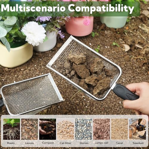 4-Pack Stainless Steel Soil Sifter Set with Handle, Multi-Mesh Garden Sifter for Compost, Sand, Rocks - Gardening Tool & Reptile Sand Scoop for Litter Cleaning, Beach Shell Sifting