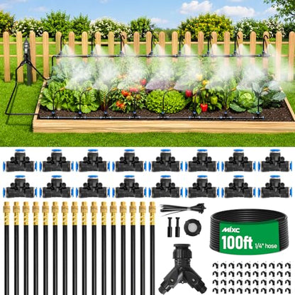 MIXC 1/4" 100Ft Drip Irrigation System for Garden with 16pcs 360°Adjustable Brass Nozzles & Bendable Rod,Upgraded Watering System Kit for Outdoor Plants,Lawn,Raised Bed,Potted Plant,Yard,Greenhouse - size: 100ft