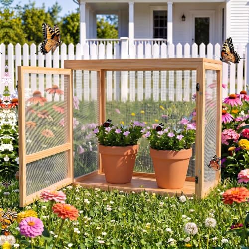 Wooden Butterfly Habitat Cage Kit Monarch Caterpillar Enclosure with Mesh Tent & Wood Frame, Detachable Insect Observation House for Kids Outdoor Garden (20") - size: 20"