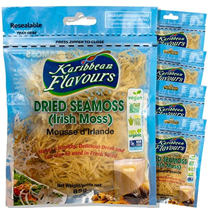 Karibbean Flavour Dried Sea Moss (Pack of 5) x 3Oz/85g) | Caribbean Superfood - Wildcrafted Seedstock - Ethically Harvested - Makes Over 10 Quarts Gel - size: 3 Ounce (Pack of 5)