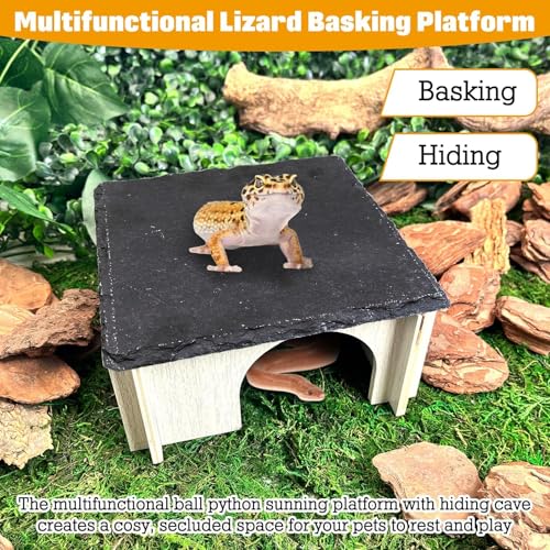 PINVNBY Bearded Dragon Basking Platform, Wood Reptile Hides and Caves, Crested Gecko Hide with Slate Rock, Leopard Gecko Tank Accessories for Small Lizard Snake Turtle (S: 5.9x5.9 inches) - size: S: 5.9x5.9 inches