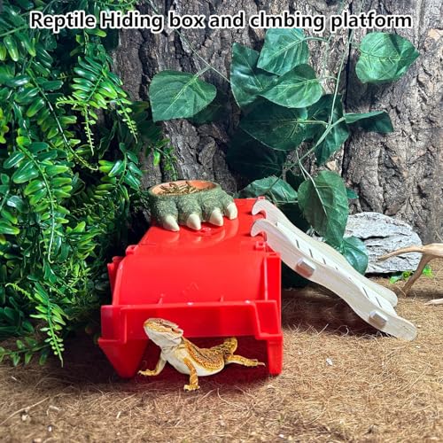 Reptile Digging Box Plastic Leopard Gecko Burrowing Habitat Hide Box with Wooden Ladder Compatible with Terrariums Tailored for Juvenile Bearded Dragons and Snake in Compact Setups (Red) - color: Red