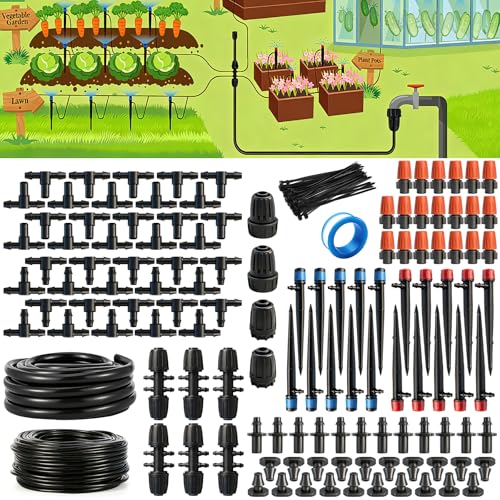 135PCS 240FT Drip Irrigation System Set, Automatic Drip Irrigation Kit for Greenhouse, Yard, Lawn, Plant, with 1/2 inch Hose, 1/4 inch Distribution Tubing and Accessories - size: 135PCS-240FT Irrigation Kit