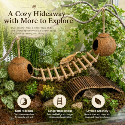 RUNANIA Crested Gecko Tank Accessories, Reptile Hanging Plants Vines with Natural Double Coconut Hideout & Climbing Ladder Decor for Hermit Crab Lizard Leopard Gecko Chameleon Snake Terrarium Decor