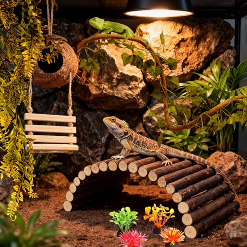 14Pcs Reptile Plants Bridge Vines Leopard Gecko Coconut Hut Crested Gecko Tank Accessories Lizard Coco Den with Ladder for Lizard, Chameleon Cage, Snakes, Hermit Crab