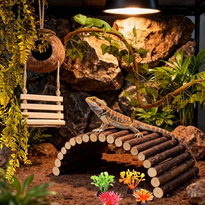 14Pcs Reptile Plants Bridge Vines Leopard Gecko Coconut Hut Crested Gecko Tank Accessories Lizard Coco Den with Ladder for Lizard, Chameleon Cage, Snakes, Hermit Crab