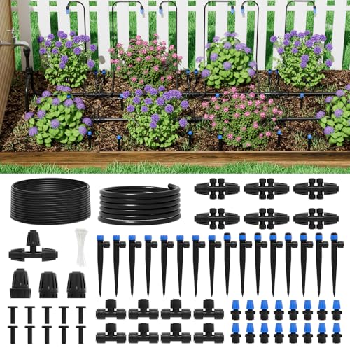 2026 Upgrade 256FT Quick-Connect Drip Irrigation System Kit with 1/4” & 1/2” Fast-Lock Tubing, Adjustable Emitters & Sprinklers for Garden & Greenhouse - size: 256 FT