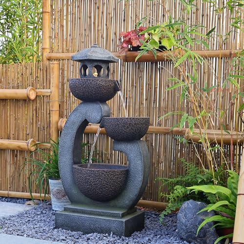 Tankana Water Fountain Outdoor Zen Feature - Garden Tranquil Pagoda Waterfalls Fountains Bowl with LED Lights & Pump for Patio Yard Porch Pool, Gray, 35.5 inches