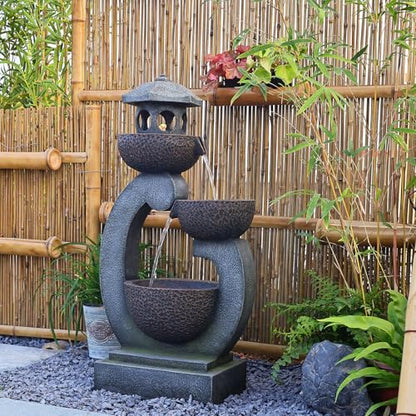 Tankana Water Fountain Outdoor Zen Feature - Garden Tranquil Pagoda Waterfalls Fountains Bowl with LED Lights & Pump for Patio Yard Porch Pool, Gray, 35.5 inches